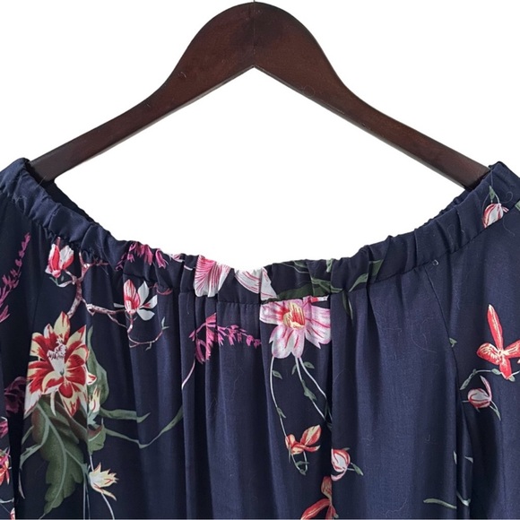 NEW YOINS Navy Floral Print Short Sleeve Off The Shoulder Top Size Small - Picture 5 of 5